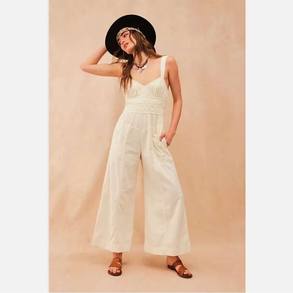 Free People After All Ruched One-Piece Wide Leg Jumpsuit In Gardenia